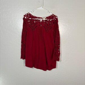 Sundance Shirt Womens Medium Red Crochet Lace Boho 3/4 Sleeve Peasant Top